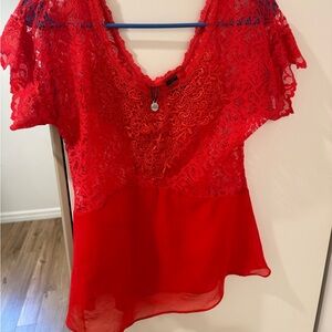 gimmicks by BKE Red Lace & Chiffon V-Neck Blouse